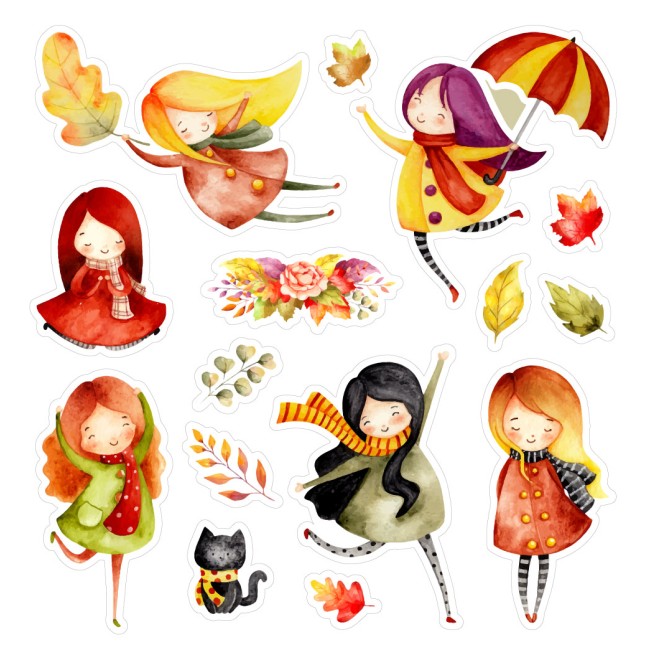 Őszi lányok - Színes matrica csomag