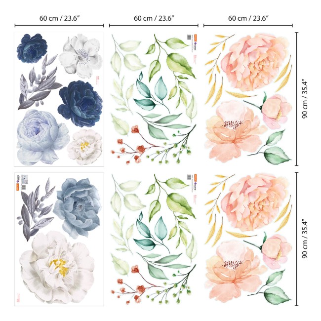 Rózsaszín és kék akvarell virágok - Falmatrica