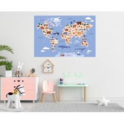Színes állatos világtérkép gyerekszobába - Nyomtatott matrica